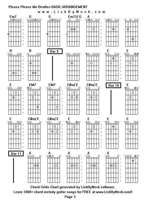 Chord Grids Chart of chord melody fingerstyle guitar song-Please Please Me-Beatles-BASIC ARRANGEMENT,generated by LickByNeck software.